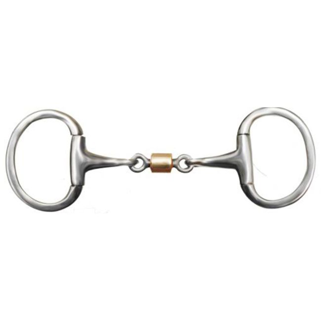 Showman eggbutt style bit with 3" ring cheeks. Stainless steel 5" mouth piece with sliding copper roller dog bone