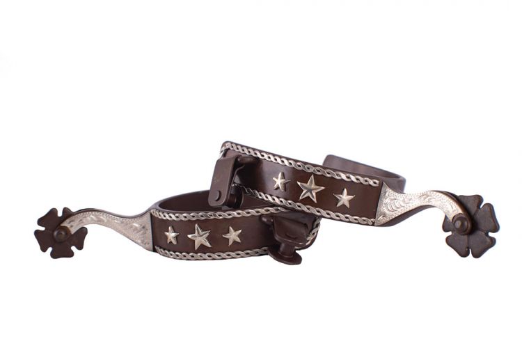 Showman Men's size brown steel spur with silver rope border and stars with silver engraved overlay