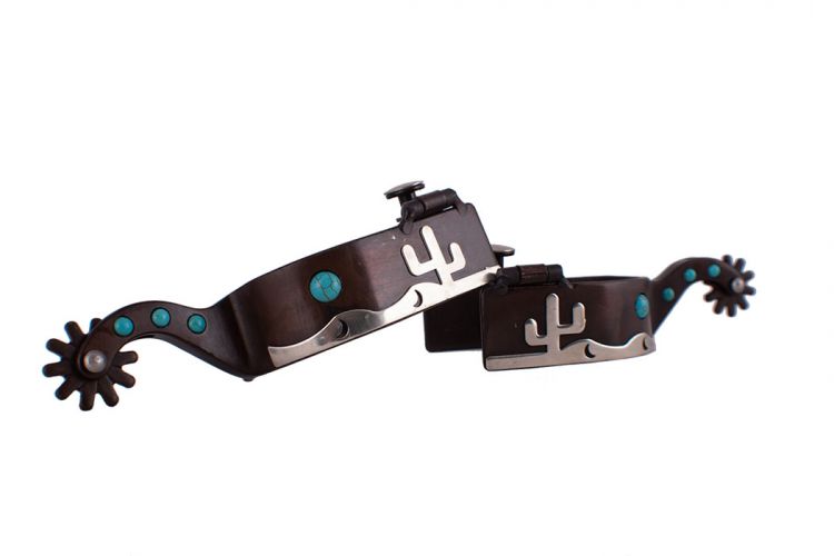 Showman Men's size brown steel spur with silver desert overlay and teal marble studs