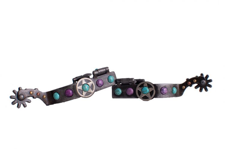 Showman Antique gray steel spur with purple and teal marble studs and Texas star design