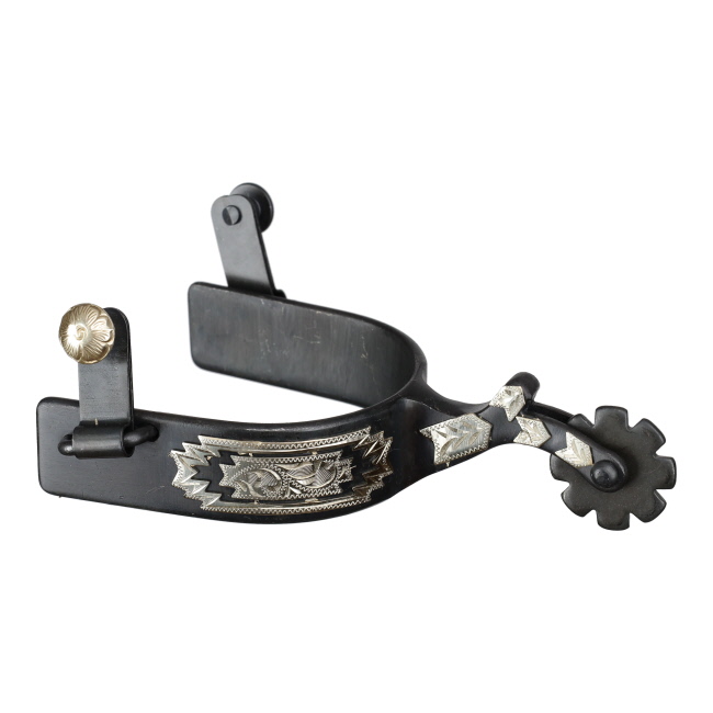 Showman Black Steel Spur with Engraved German Silver Inlay