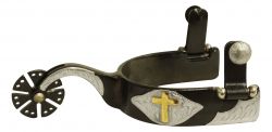 Showman Men's Black steel spur with gold cross overlay