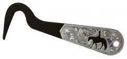 Showman Western pleasure brown steel silver engraved hoof pick. Measures 6" long