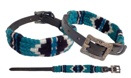 Showman Couture Corded Leather Dog Collar - Teal/White