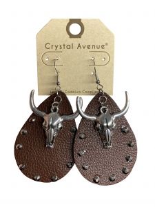 Steer Head Earrings with Leather Tear Drop Accent