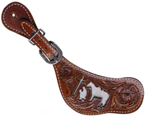 thumbnail interactive-video image 1 of Showman Ladies Leather Floral Tooled Spur Straps – Western Horse Tack – New 1 of 2