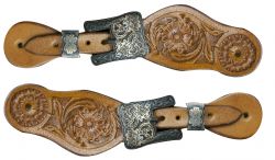 Showman Youth size floral tooled spur straps with engraved antiqued brass buckles