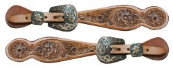 Showman Ladies size floral tooled spur straps with engraved antique brass buckles