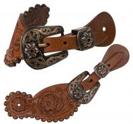 Showman Ladies size floral tooled spur straps with antique engraved brushed copper buckles