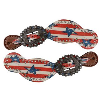 Showman Leather Spur Straps with stars and stripes print