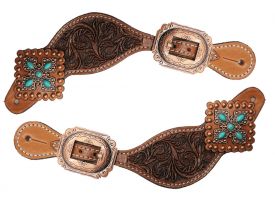 Showman Ladies Tooled leather spur straps with vintage turquoise stone conchos