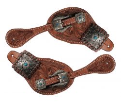 Showman Ladies tooled leather spur straps with vintage conchos and buckles