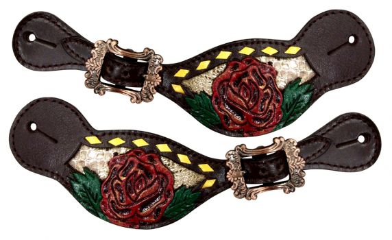Showman Ladies spur straps with painted red flower on gold snakeskin