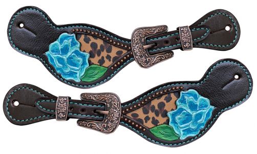 Showman Ladies leather spur straps with Cheetah Print Inlay with Painted flower design