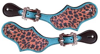 Showman Ladies Cheetah print overlay and turquoise leather spur straps