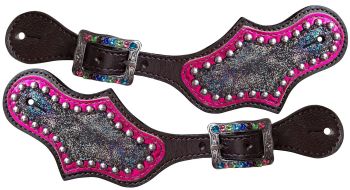 Showman Ladies Rainbow Metallic spur straps with silver beading and pink metallic accent