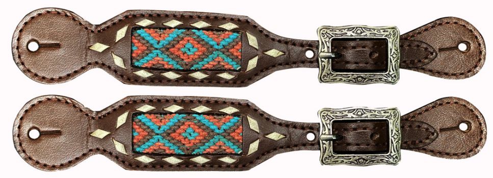 Showman Ladies leather spur straps with woven fabric Inlay with southwest design