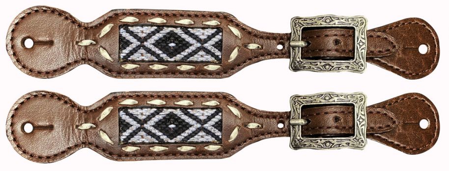 Showman Ladies leather spur straps with black &amp; white woven fabric Inlay with southwest design