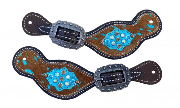 Showman Ladies Cowhide spur straps with teal acid wash and accent teal leather patch