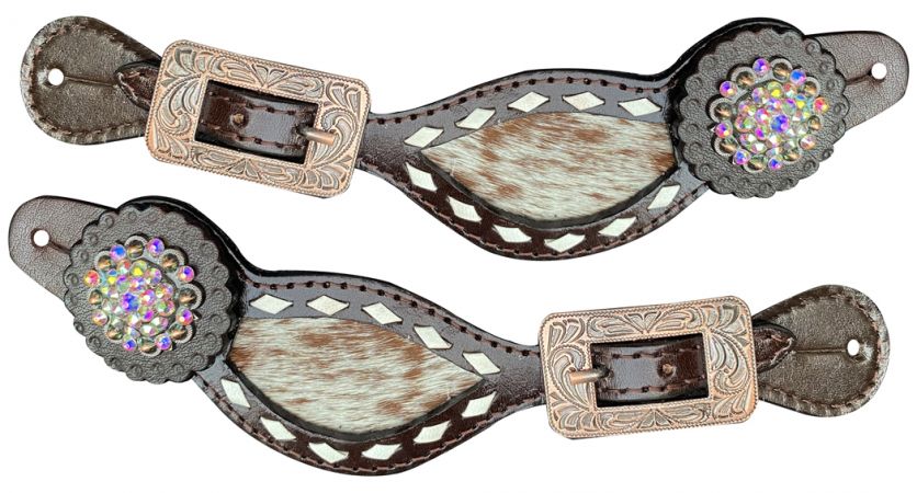 Showman Ladies Leather spur strap with hair on cowhide and bling conchos
