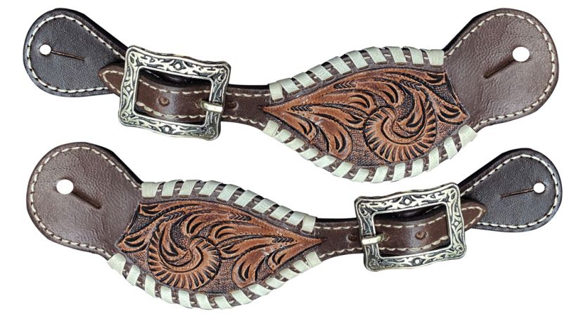 Showman Ladies Leather spur strap with tooled leather and rawhide whip stitch edges