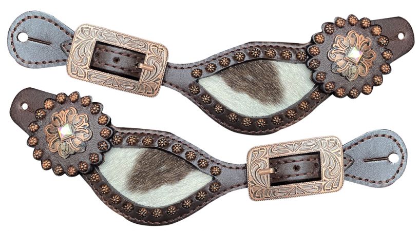 Showman Ladies Leather spur strap with hair on cowhide and copper buckles