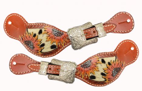 Showman Ladies spur straps with painted sunflower and hair on cowhide inlay