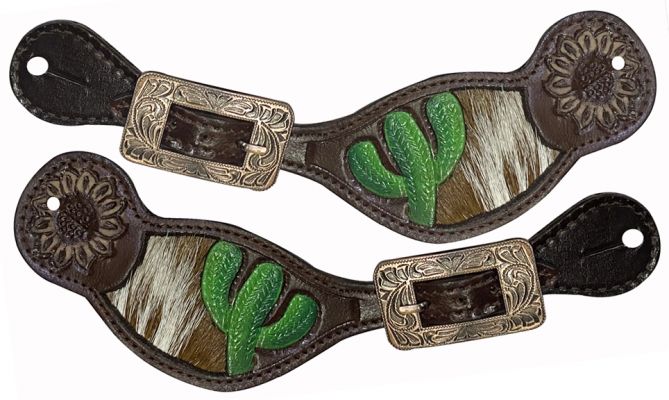 Showman Leather spur straps with painted cactus and hair on cowhide inlay