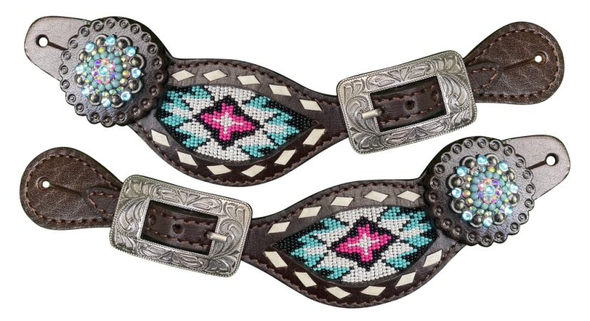 Showman Pink and Teal Beaded Ladies Spur Straps with bling conchos