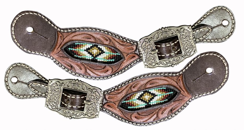 Showman Beaded Ladies Spur Straps with antique silver conchos