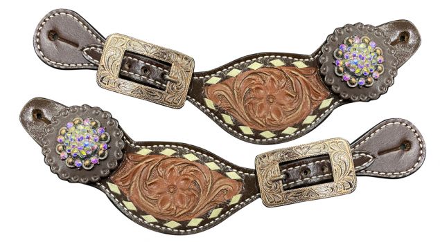 Showman Ladies Size Two-Tone Floral tooled spur straps with rawhide accent