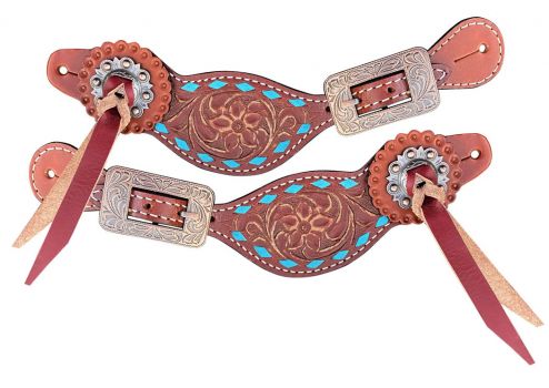 Showman Ladies Leather spur strap with tooled leather and teal rawhide lacing