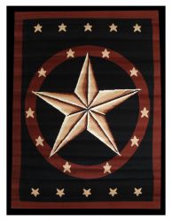 Large western star area rug. This rug features a large western star in center and is accented with a red and black border Measures 5' x 6'5"