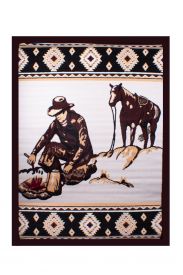Horse and rider campfire scene area rug with southwest border. Measures 5 x 6.5"