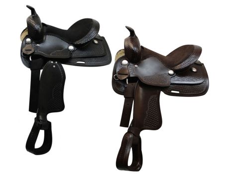 12" Economy western saddle with basket weave tooling and leather wrapped stirrups