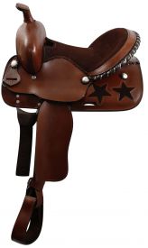 13" Youth saddle with suede leather seat. Saddle features cut out stars on the skirts, a silver laced cantle, and silver conchos