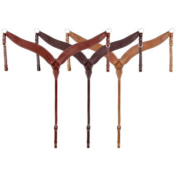 Showman breastcollar is 2" wide with 0.75" tugs and tie down, accented with hand basket tooling and is contoured to give a perfect fit