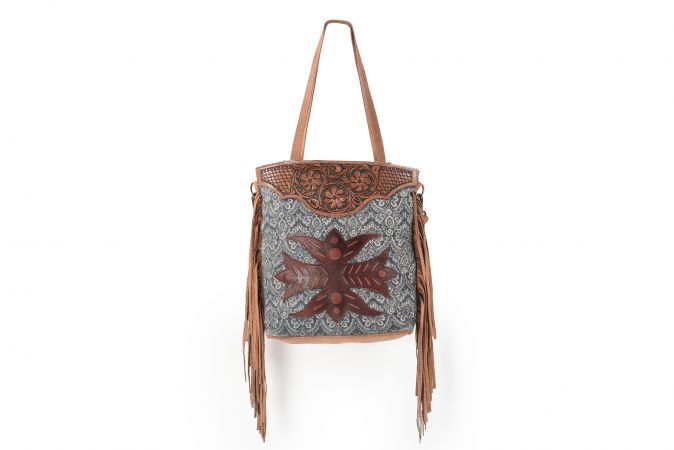 Klassy Cowgirl 16" x 15" Handtooled Leather Tote Handbag With Handblocked Rug and Leather Fringes