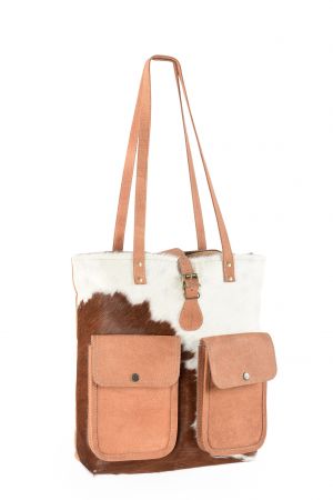 Klassy Cowgirl 16" x 17" Tote Handbag With Hair on Cowhide and Leather Pockets