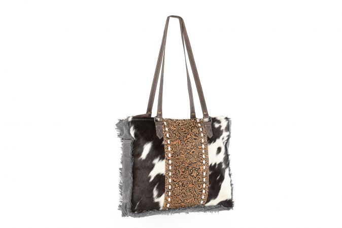 Klassy Cowgirl 16.5" x 14" Canvas Tote Handbag with Hair on cowhide and leather tooling