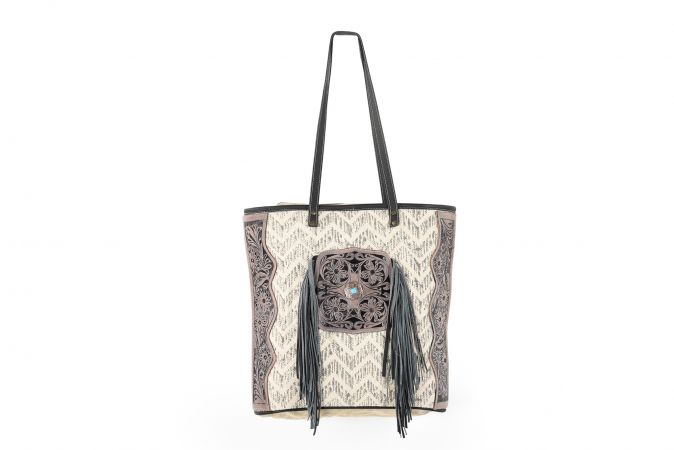 Klassy Cowgirl 16" x 18" Handtooled Leather Tote chevron Handbag With Handblocked Rug and Leather Fringes