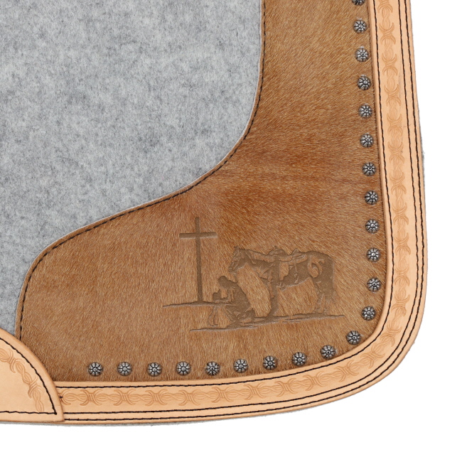 Showman Felt Bottom Saddle Pad with Hand Tooled Hair on Argentina Cowhide and Laser Etched Praying Cowboy #3