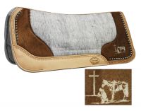 Showman Felt Bottom Saddle Pad. Hand Tooled Hair on Argentina Cowhide With Laser Etched Praying Cowboy