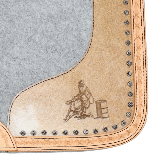 Showman Felt Bottom Saddle Pad with Hand Tooled Hair on Argentina Cowhide and Laser Etched Barrel Racer #3