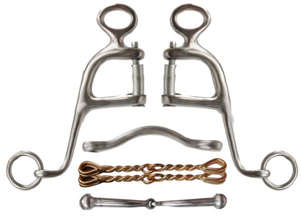 Showman stainless steel Walking horse bit with 6" cheeks. This bit comes with four 5" interchangeable mouth pieces as pictured