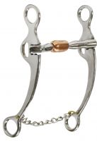 Showman stainless steel reining bit with 8" cheeks. Stainless steel 5" mouth piece with copper roller and slobber chain