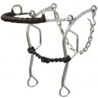Showman stainless steel leather wrapped nose gag hackamore with 7.5" cheeks. Blued steel twisted 5.25" broken mouth piece