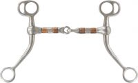 Showman stainless steel Tom Thumb bit with 6.75" cheeks. Stainless steel 5" broken mouth piece with small copper rollers