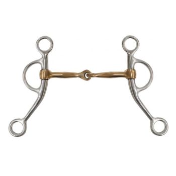 Showman stainless steel tom thumb bit with 7.25" cheeks. Copper 5" broken mouth piece