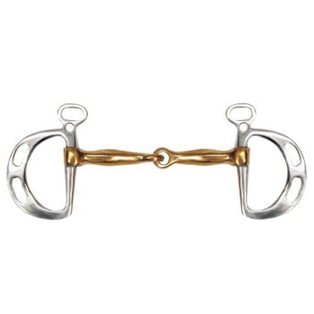 Showman stainless steel Kimberwick style bit with D cheeks. Copper 5" broken mouth piece